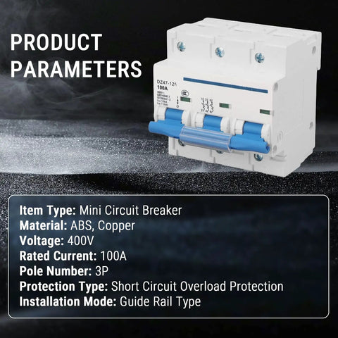 3 Pole DIN Rail Mount Circuit Breaker 100A 400V with Automatic Shutdown, rapid arc extinction, suitable for home and marine systems