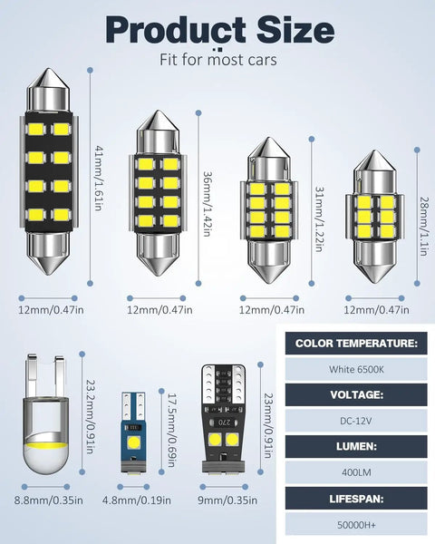 Product sizes for Dope 42 Piece LED Interior Car Lights Kit With Dome Map And Door Bulbs For 194 578 6418 3175 T5 LEDs Universal Fit