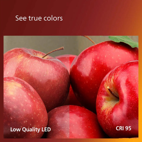 Comparison of Low Quality LED vs CRI 95 showing true apple colors