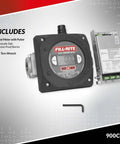 900CDP Digital Nutating Disc Fuel Transfer Meter with Pulse Output next to included intrinsically safe barrier and Torx wrench