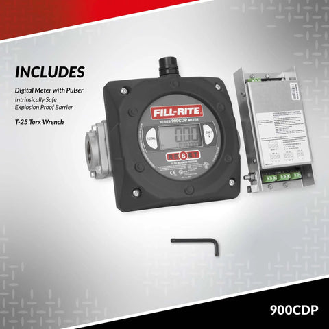 900CDP Digital Nutating Disc Fuel Transfer Meter with Pulse Output next to included intrinsically safe barrier and Torx wrench