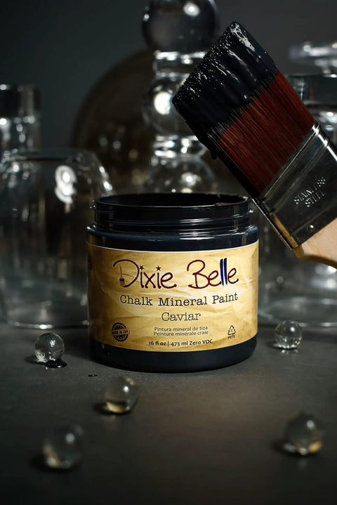 Chalk Mineral Furniture Paint Matte Black Caviar 16oz with brush, perfect for wood, metal, plastic makeovers on cabinets, tables.