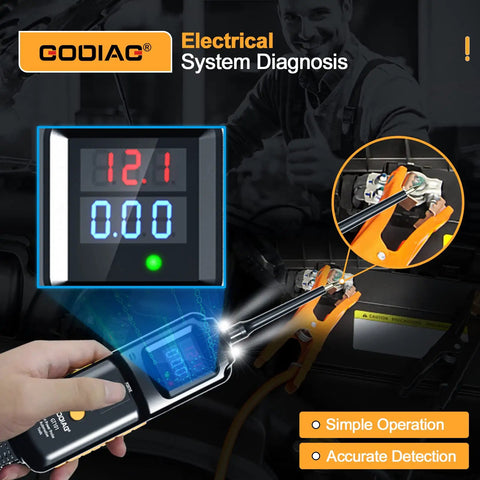 Power Circuit Probe Kit And Tester For 6V To 24V DC Systems in use, showing voltage reading on display, connected with clamps.