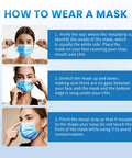 Instructions on how to wear Blue Disposable Face Masks Pack Of 100, 3-Ply Breathable Nonwoven Masks For Adults And Teens.