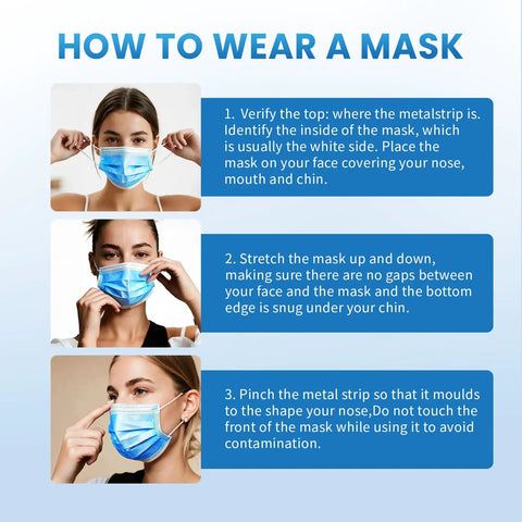 Instructions on how to wear Blue Disposable Face Masks Pack Of 100, 3-Ply Breathable Nonwoven Masks For Adults And Teens.