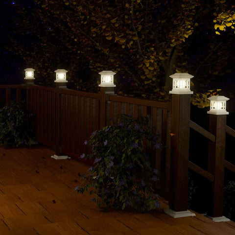Solar Powered Outdoor Fence Lights RGB and Warm White for 3.6x3.6 to 5x5 Deck Posts illuminating a night deck scene.