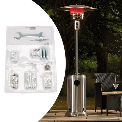 Patio Heater Replacement Hardware Kit With Stainless Steel Bolt And Nut Set For Propane Outdoor Heaters displayed next to heater