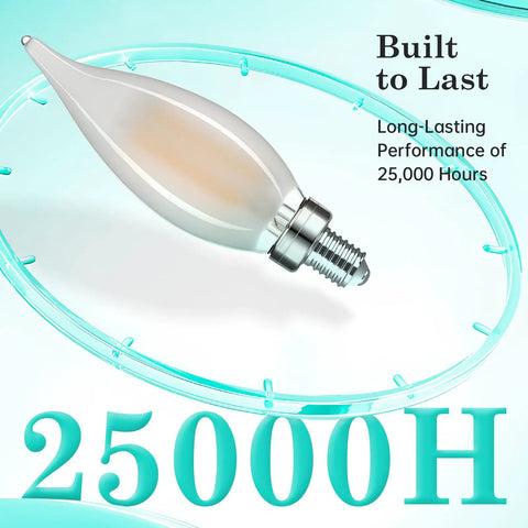 40 Watt Equivalent Frosted E12 LED Bulb Candle Candelabra CA10 with 25,000 Hour Glow, highlighting durability and longevity.