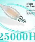 Frosted LED Candelabra Bulbs 24 Pack 40 Watt Equivalent Type B E12 Base showing long-lasting bulb and 25000-hour lifespan