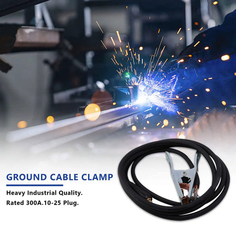 Heavy Duty 300 Amp Grounding Welding Earth Clamp Clip With 10-25 Plug Connector For MIG TIG Machines on workbench with sparks.