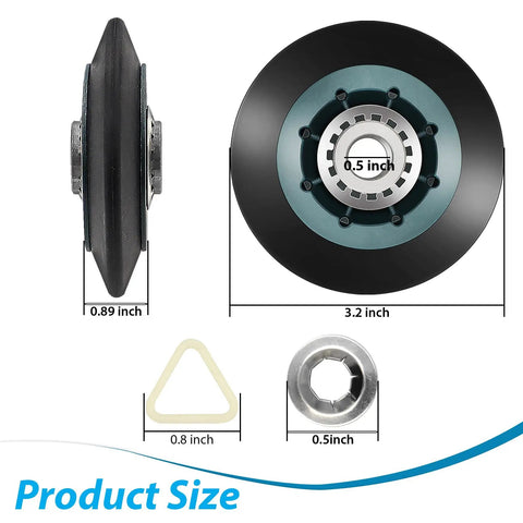 Four Piece Dryer Drum Roller Kit Replacement For Maytag Kenmore Whirlpool KitchenAid Dryers Compatible With W10314171 dimensions.