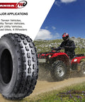 GNCC Race ATV Tires 22x7-11 Set Of 2 For Honda Recon 250 And Suzuki Ozark 250, tire beside ATV rider on rugged terrain