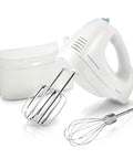 Hamilton Beach 6 Speed Electric Hand Mixer With Quick Burst And Bowl Rest Snap On Storage Case, includes beaters and whisk.