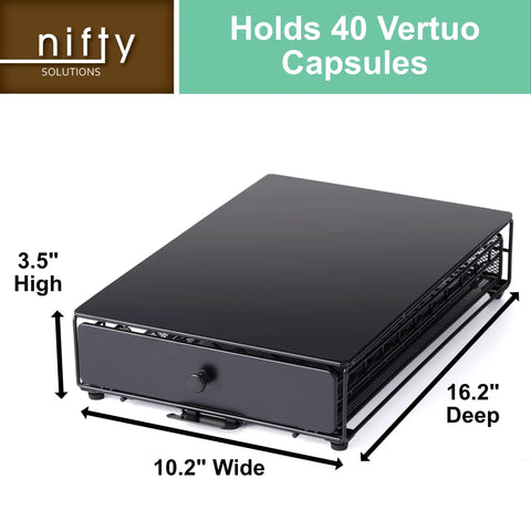 Vertuoline Rolling Coffee Pod Drawer Satin Black, 40 Pod Holder, dimensions 10.2" x 16.2" x 3.5", smooth glide drawer.