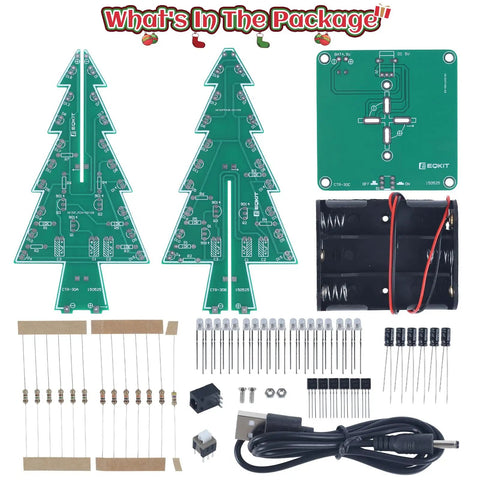 Complete components of 3D Christmas Tree Soldering Kit With LED Flashing Lights In 7 Colors Dope DIY Electronics Project.