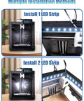 Multiple installation methods for LED Light Kit For Adventurer 5M And 5M Pro 3D Printer Enclosures showing 1 and 2 strip setups.