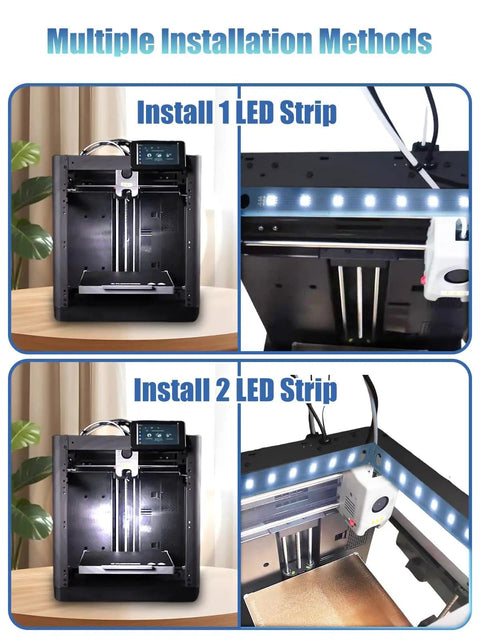 Multiple installation methods for LED Light Kit For Adventurer 5M And 5M Pro 3D Printer Enclosures showing 1 and 2 strip setups.