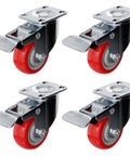 Four Pack Swivel Plate Caster Wheels With Brakes In Red Polyurethane, 3 Inch Locking Casters For Furniture, Carts, And Equipment