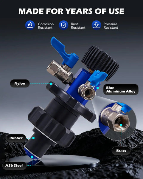 No Drama Coolant Vacuum Refill Kit With Dual Movement Gauge For Quick Radiator Fill and Snappy Engine Maintenance, showing brass and aluminum parts.