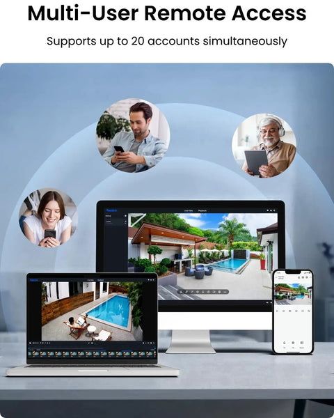 Lumus 2K Wireless Outdoor Security Camera With Spotlight Color Night Vision displayed on devices showcasing multi-user remote access.