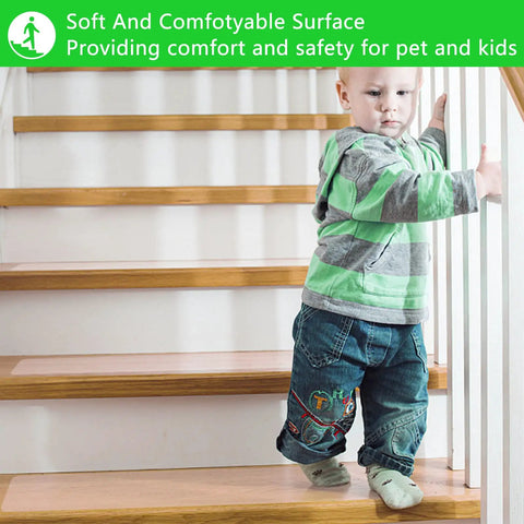 Child on stairs with Clear Anti Slip Tape 4 Inch By 33 Foot Waterproof Traction For Stairs Boats And Smooth Surfaces Non Slip Stair Treads.