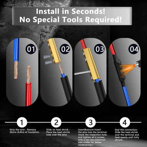 Installation steps for 10 Pack 10 To 6 AWG Wire Connector Nut Kit With 80A Brass Terminals Heat Shrink Butt Connectors.