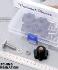 24Pcs T Nut Adapter Kit M8 Slot Blocks with nuts, washers, bolts, and star knobs in clear box with ruler for roof racks