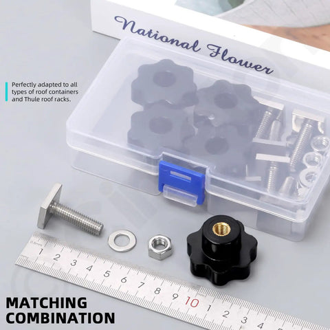 24Pcs T Nut Adapter Kit M8 Slot Blocks with nuts, washers, bolts, and star knobs in clear box with ruler for roof racks