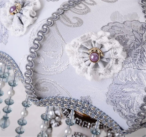Detail of Retro Fabric Bedside Table Lamp With Resin Spherical Body, Handmade Victorian Style Lighting, cloth lampshade close-up