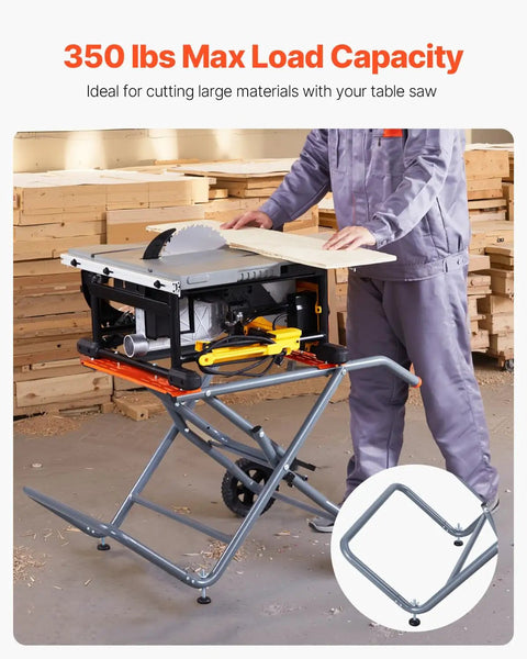 Heavy Duty Portable Table Saw Stand Built Like A Tank With Sweet Rolling Wheels And A Quick Fold Design for 350 lbs max load.