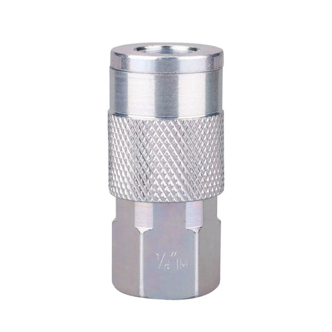 Front view of a chrome 1/4 in NPT quick-connect air coupler with knurled grip