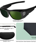 Wrap-Around Welding Glasses Offer Straight-Up UV Shield Blocking 99.9 Percent Rays, rugged black frame with green lenses and soft carrying case.