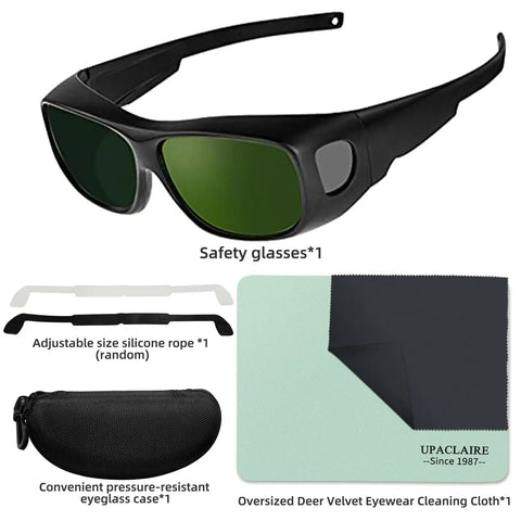 Wrap-Around Welding Glasses Offer Straight-Up UV Shield Blocking 99.9 Percent Rays, rugged black frame with green lenses and soft carrying case.