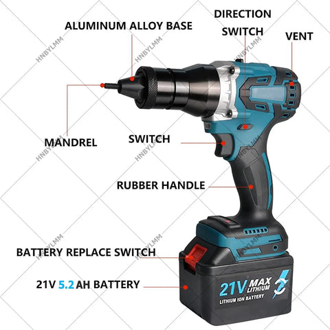 Cordless Electric Rivet Nut Gun Set With 5.2Ah Battery features aluminum alloy base and rubber handle for easy use.