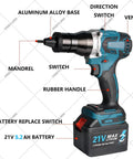 HNBYLMM Cordless Electric Rivet Gun Set With Heavy Duty Automatic Riveting Tool, showing aluminum alloy base, battery specs, and rubber handle.