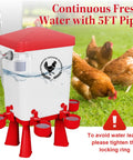 3 Gallon Automatic Chicken Waterer with 5 Foot Pipe and Five Red Nipple Cups Float Control for fresh poultry hydration.