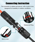 Close-up of connectors for 10 AWG Solar Extension Cable 2ft Black And 2ft Red Twin Wire, Male To Female Tinned Copper Solar Panel Wire