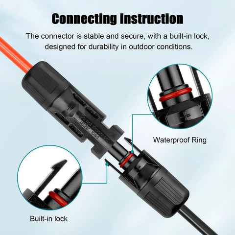 Close-up of connectors for 10 AWG Solar Extension Cable 2ft Black And 2ft Red Twin Wire, Male To Female Tinned Copper Solar Panel Wire