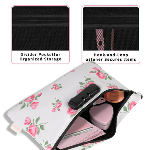 Pink Rose Travel Pouch Waterproof With Combination Lock Eight Piece Accessory Set And Gift Box showing interior organizer pockets
