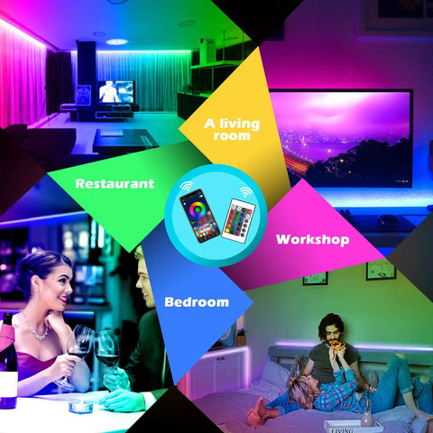 60Ft Bluetooth LED Strip Lights With Music Sync So Lit Color Changing RGB 5050 Rope Light Strips Built In Mic App Control in living room display