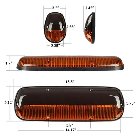 Beefed Up Amber Cab Marker Roof Running Light Covers with dimensions for Silverado and Sierra 2002 to 2007 1500 1500HD 2500 2500HD 3500