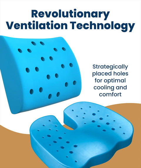Feel The Ultimate Comfort With This Doctor Approved Memory Foam Seat Cushion Designed For Office Chairs And Cars To Crush Tailbone Pain And Sciatica Suffering While Boosting Your Posture During Those Long Grind Sessions In Style Black, showcasing blue foam with ventilation holes for cooling.