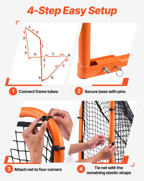 4-step setup guide for Foldable 6x6 Lacrosse Goal With Portable Steel Frame For Backyard Practice, showing assembly steps.