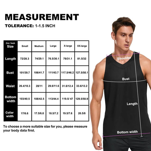 Men Sleeveless Muscle Tank Top Featuring Mechanical Sunflower Gear Design size chart with measurements for proper fit.