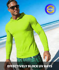 Man wearing neon green shirt from Three Pack Men's UPF Fifty Plus Hooded Sun Shirts, Long Sleeve UV Protection Rash Guard Set on the beach.