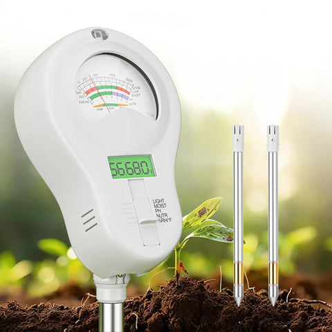 6 In 1 Digital Soil Tester with dual screen display and two removable probes in a garden setting