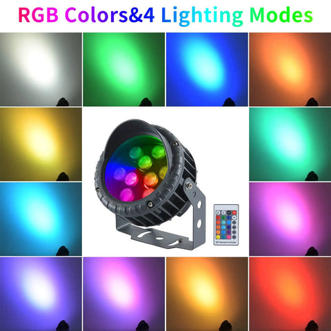 Remote Control RGBW LED Flood Light For Outdoor Vibes 96W Color Changing Garden Spotlight with color and mode options displayed.