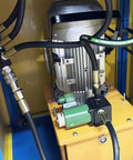 Close-up of the hydraulic motor components in the Shop Ready Electric Hydraulic 3 In 1 Angle Iron Processor showcasing durable connections.