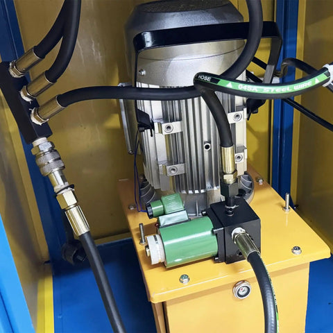 Close-up of the hydraulic motor components in the Shop Ready Electric Hydraulic 3 In 1 Angle Iron Processor showcasing durable connections.