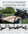 Beefed Up Dual Hitch Ball Trailer Hitch For 2 Inch Receiver With One Seven Eighth Inch And Two Inch Balls Includes Pin And Clip Five Eighth Inch Clevis Pin Compatible Matte Black Powder Coat Finish on ATV shown with 4 mounting options.
